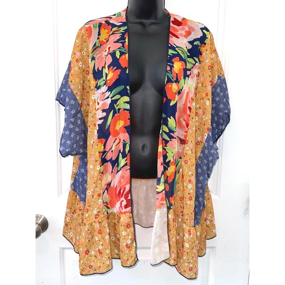Now n Forever Mustard/blue/red floral print short sleeve kimono shawl